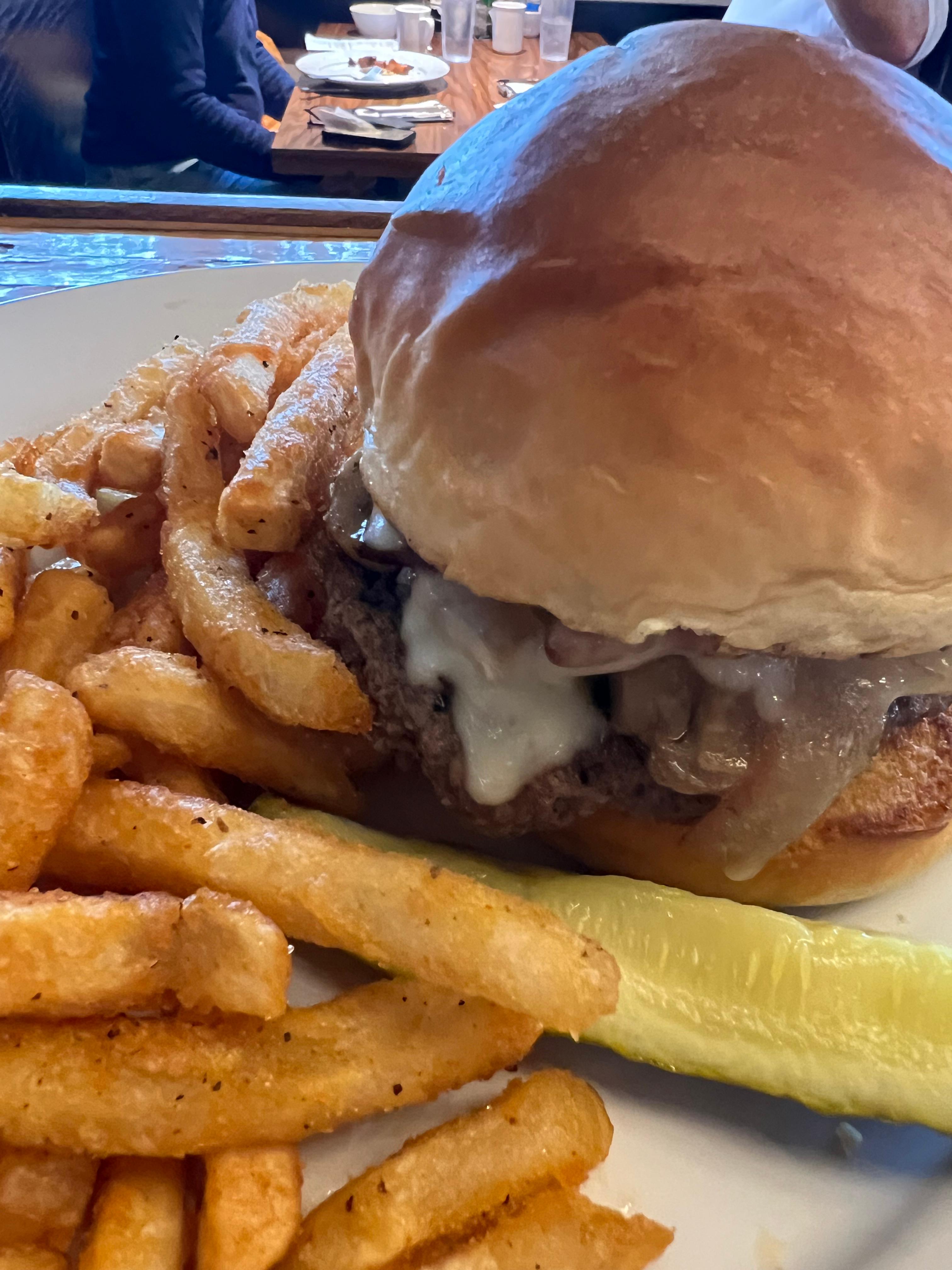 MUSHROOM BACON and SWISS BURGER.