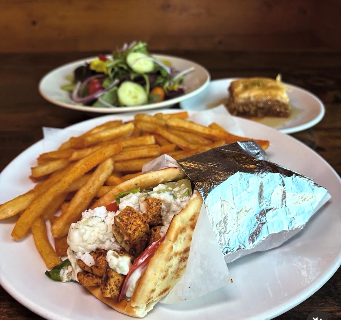 Chick’n Gyro with French Fries and Organic Soda Combo.