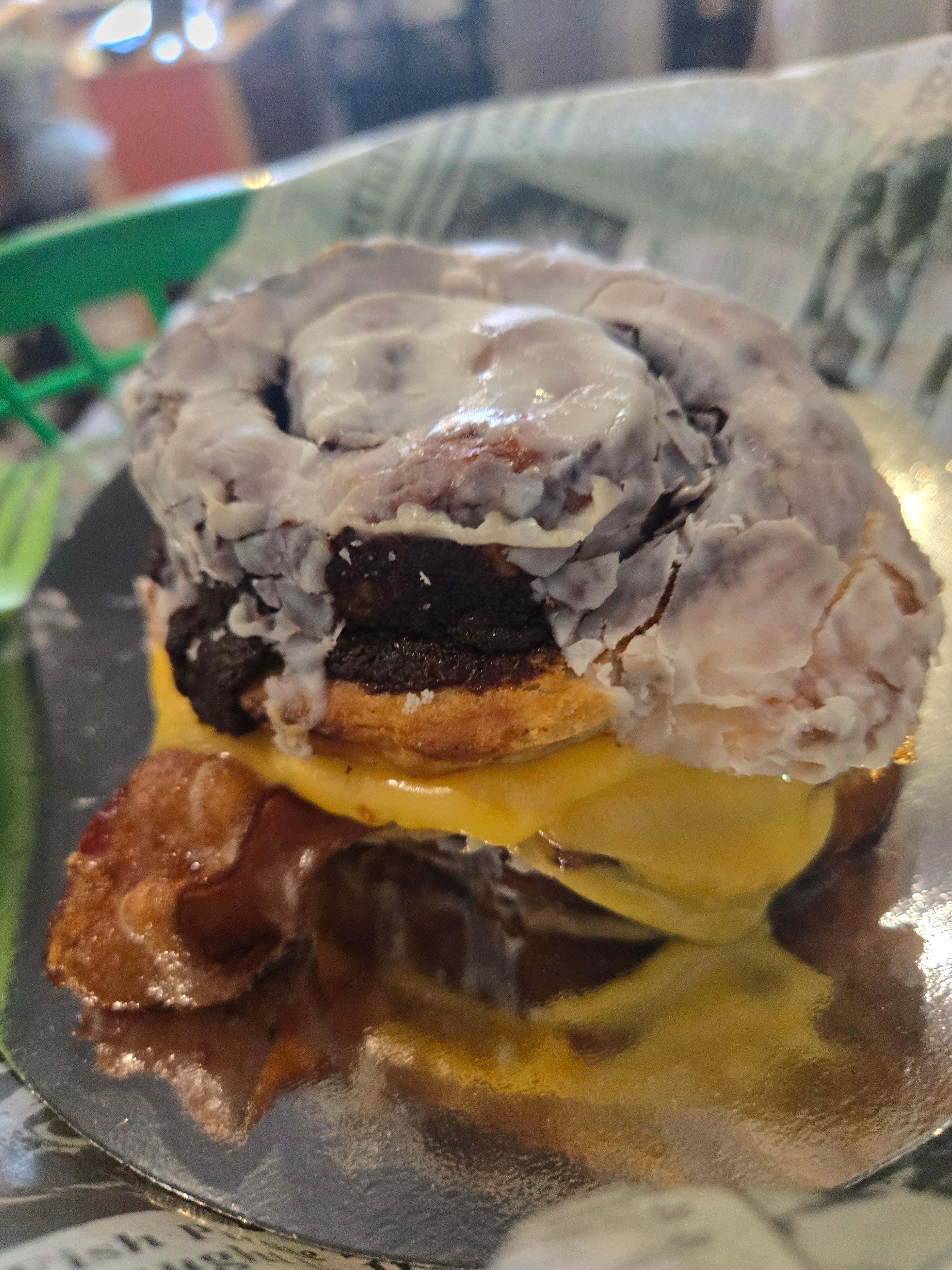 Cinnamon Roll Stuffed Breakfast Sandwich.