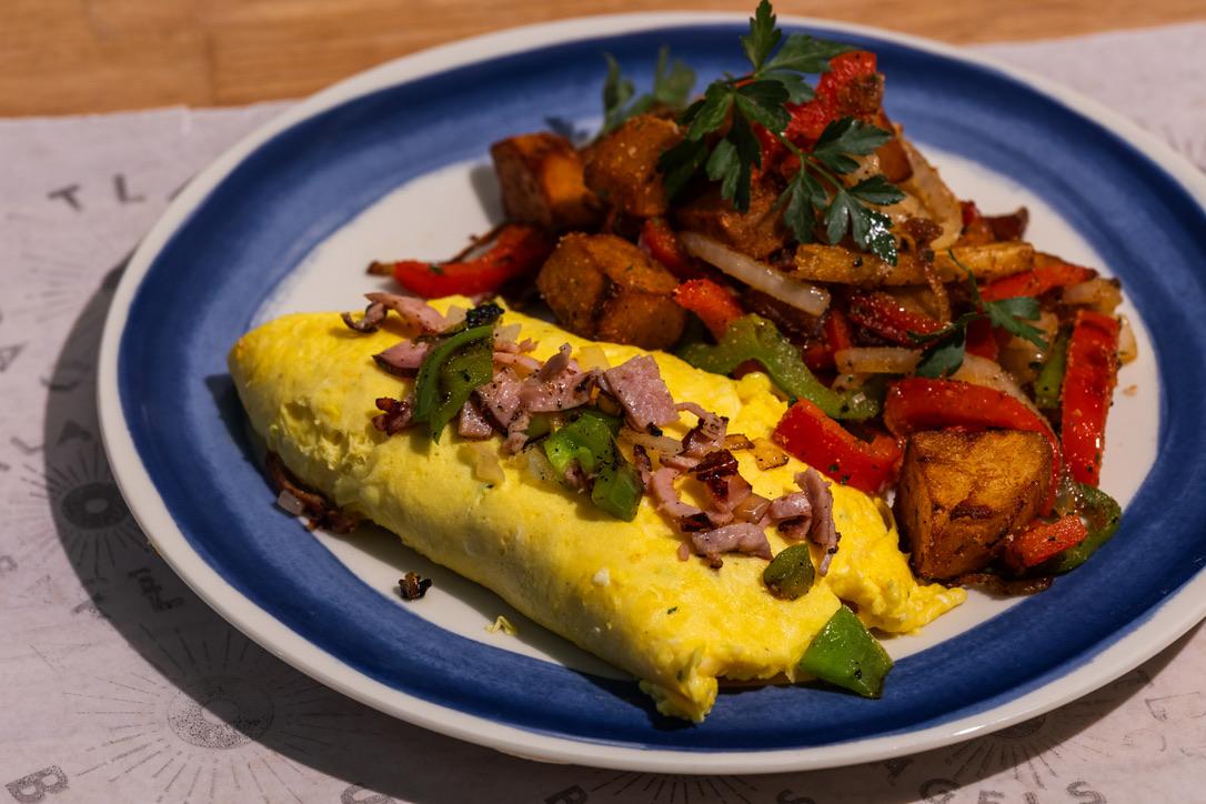 Western Omelette, served with Home Fries and a Bagel.