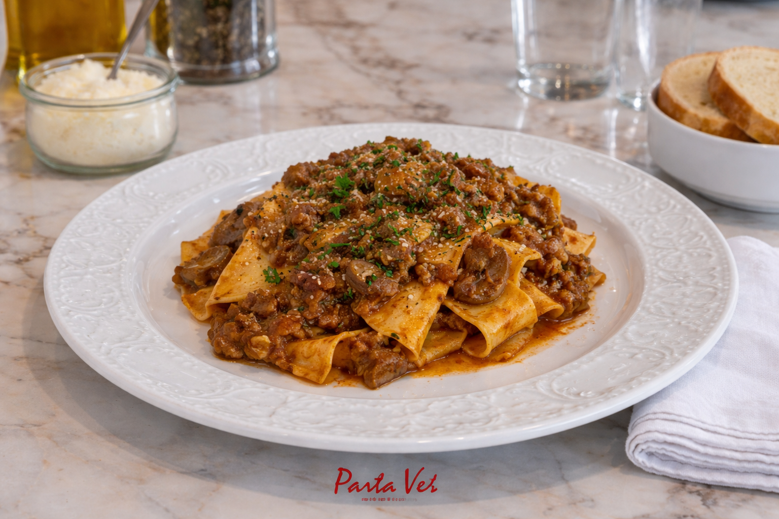 Pappardelle Bolognese with Mushrooms.