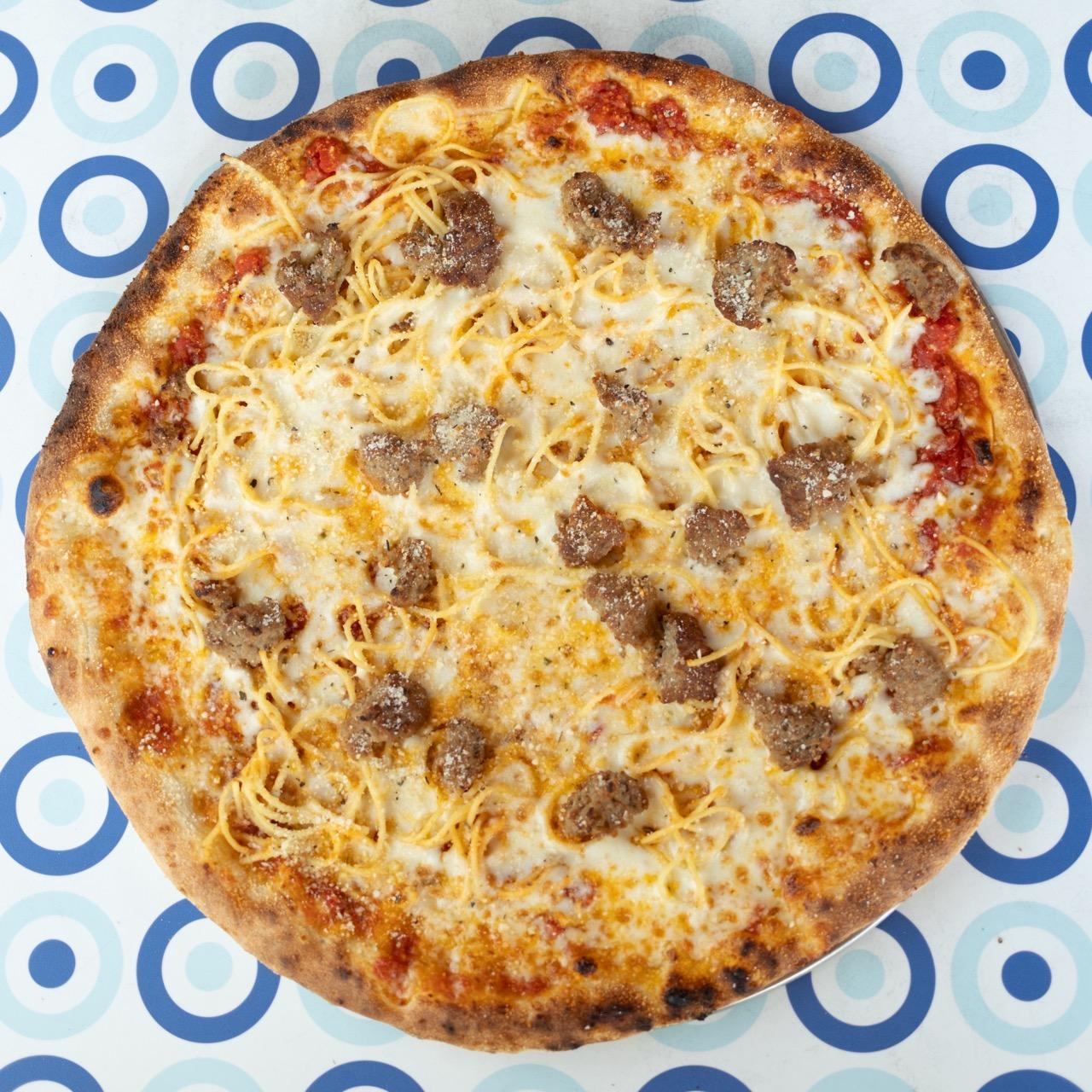 12" Spaghetti and Meatballs Pizza.