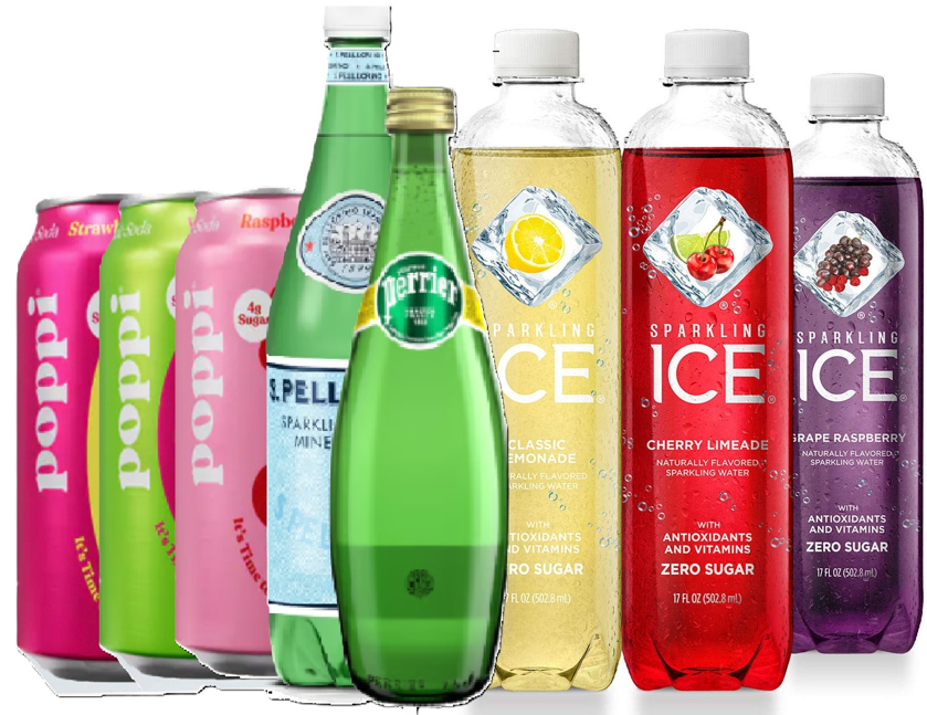 Poppi, OLIPOP, ICE and Sparkling Water.