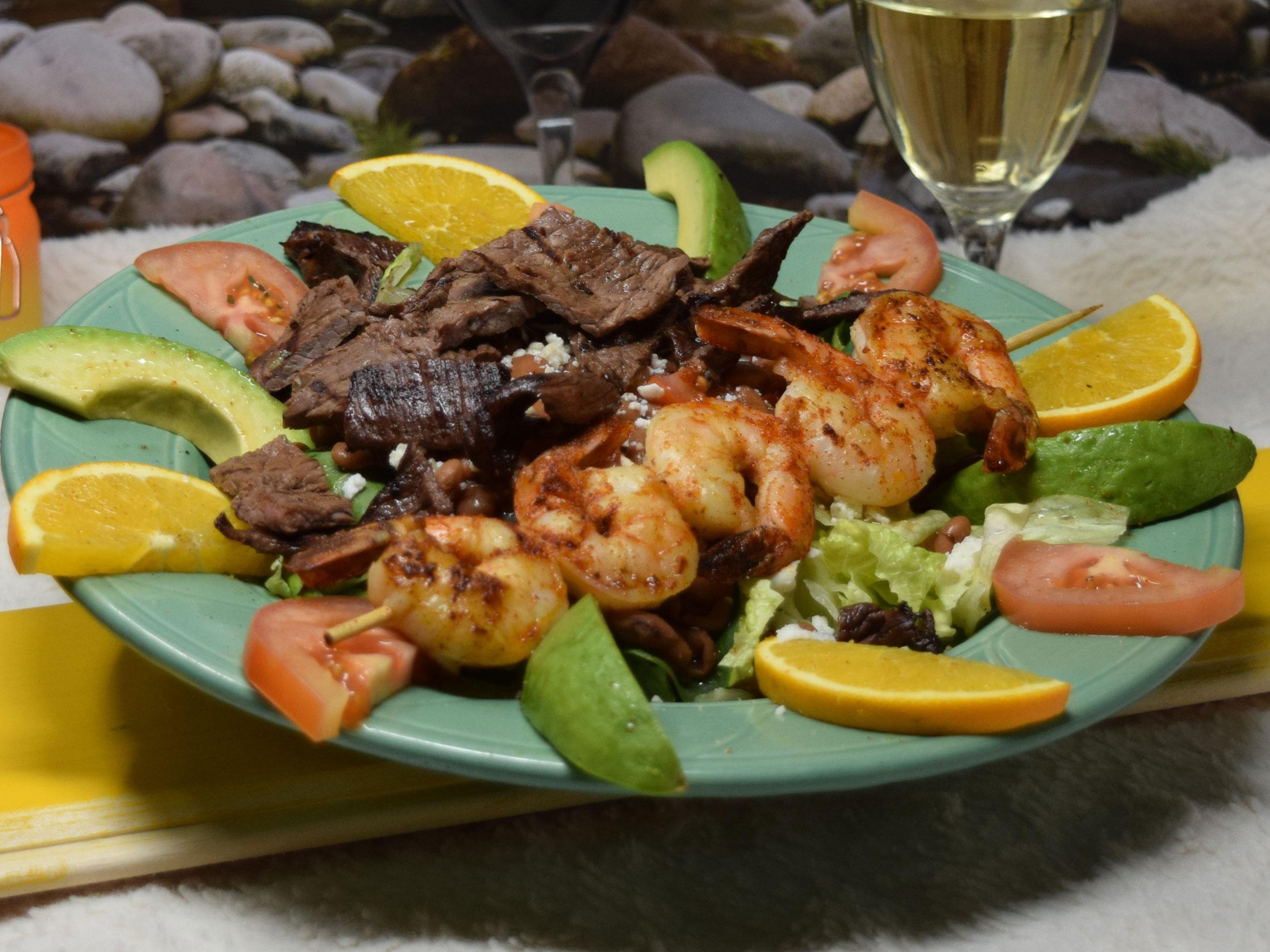 Carne Asada and Shrimp Salad.