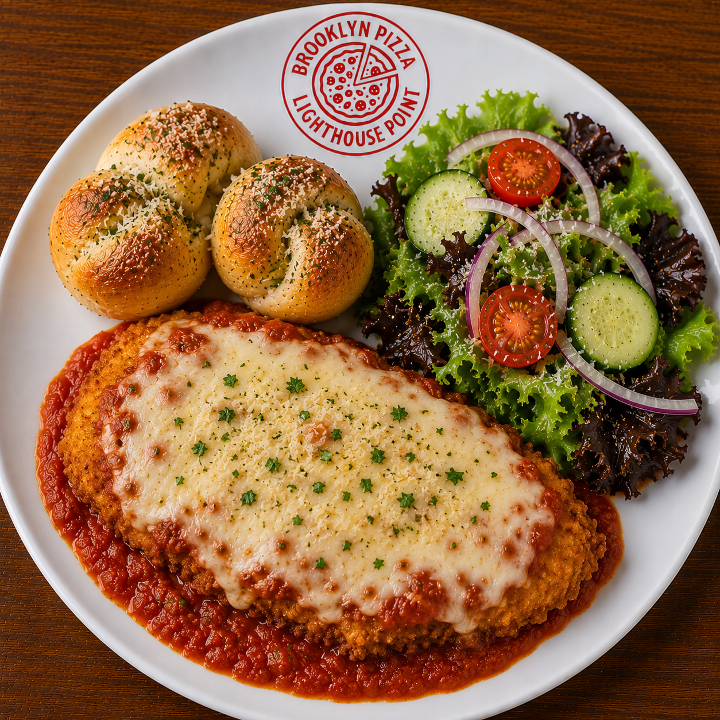 Lunch Chicken Parmigiana (2 Garlic Knots + Side Salad).