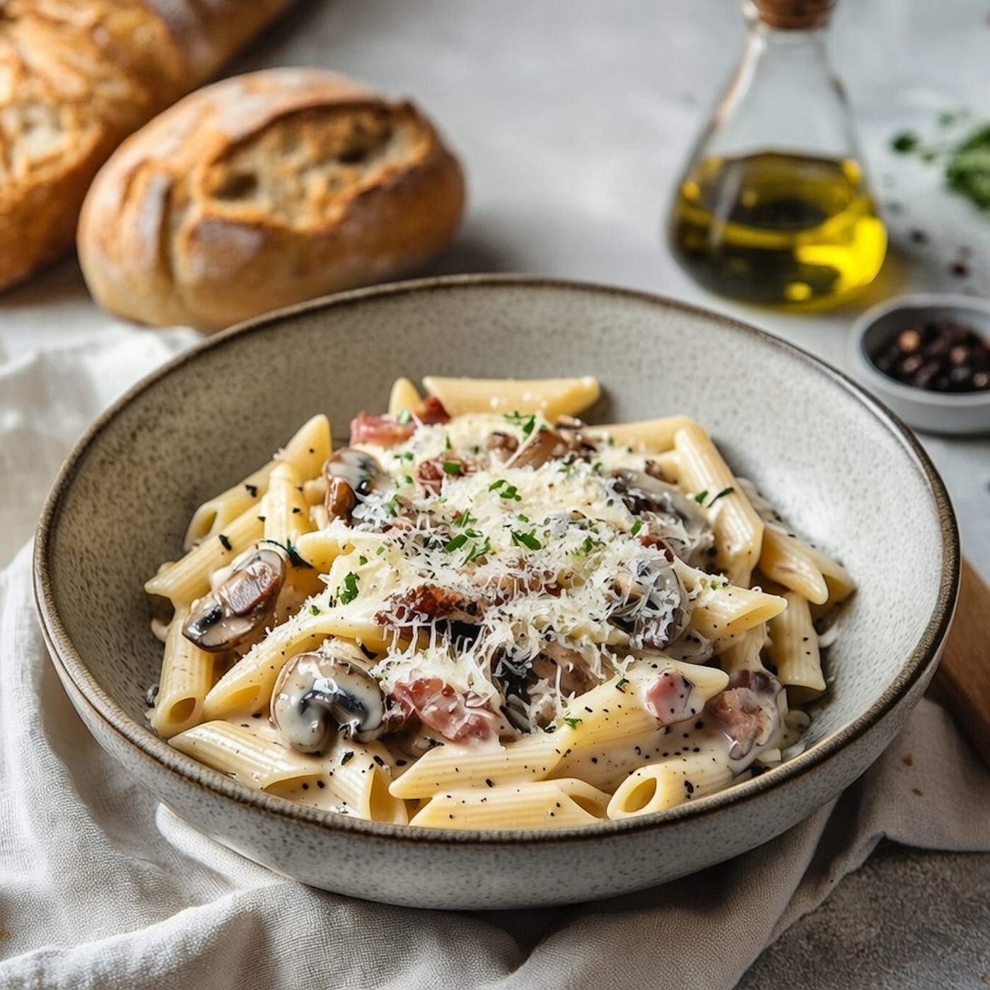 GF Carbonara (Gluten free Pasta, Pancetta, Alfredo Sauce, Mushrooms, Parmesan).