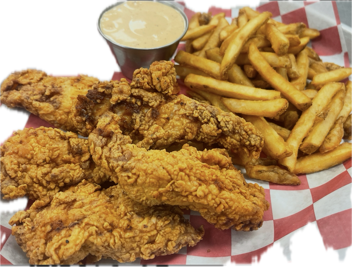 Chicken Tenders w/Fries & No1 Sauce.