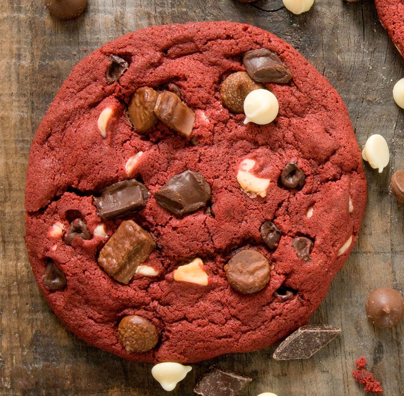 Jumbo Red Velvet Chocolate Chip Cookie.