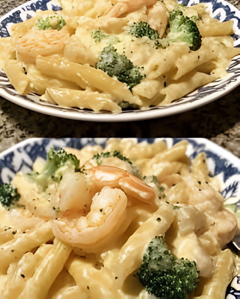 Shrimp Broccoli Alfredo Pasta.