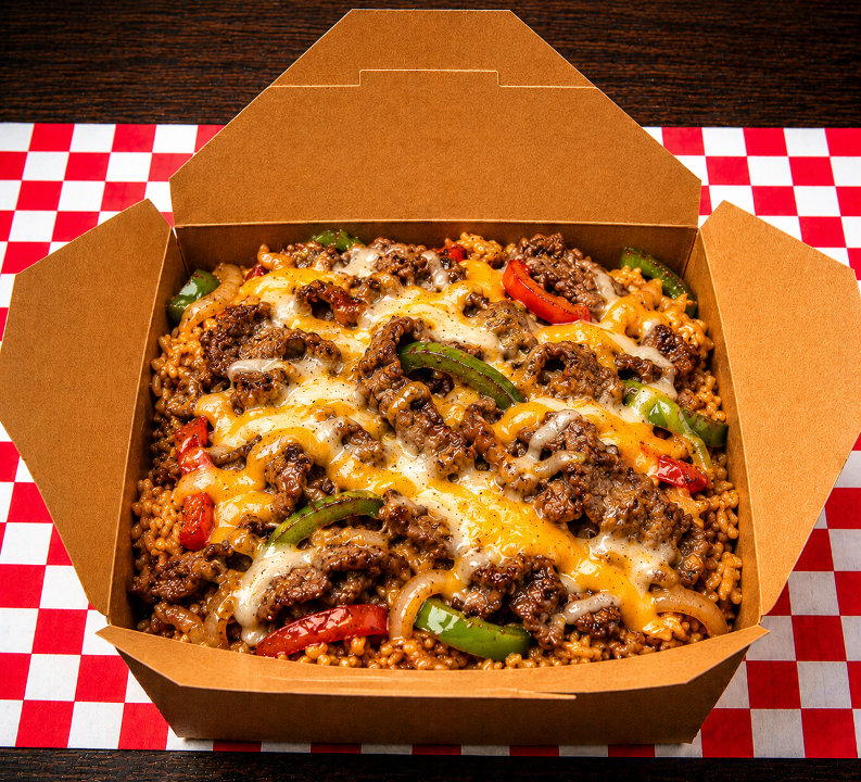Steak cheese rice bowl Onion/Pepper.
