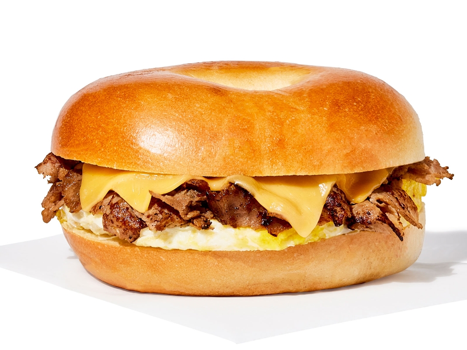 Steak, Egg, and Cheese Toasted Bagel.