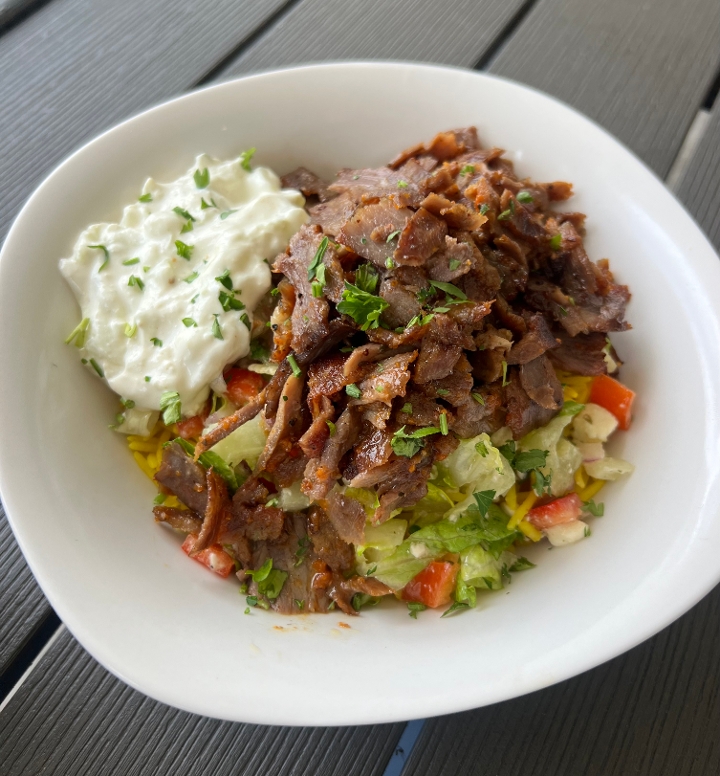 Lamb steak strip rice bowl.