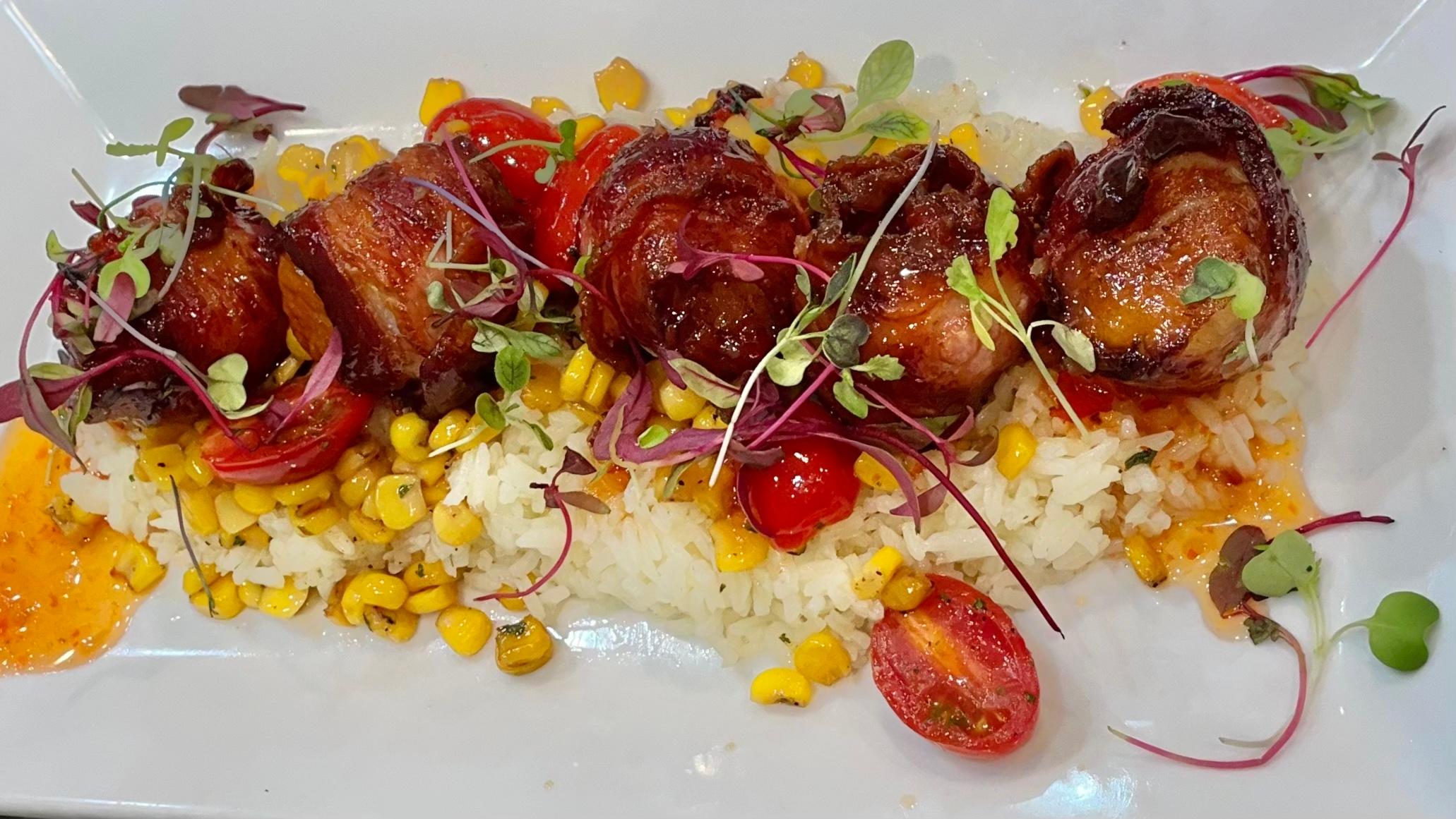 Bacon Wrapped Scallops with Sweet Chili Sauce.