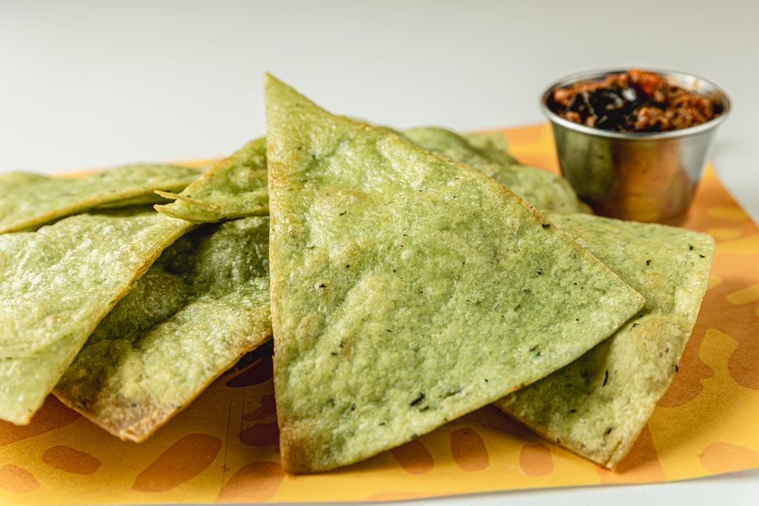 Spinach Tortilla Chips & Drunken Chili Dip.