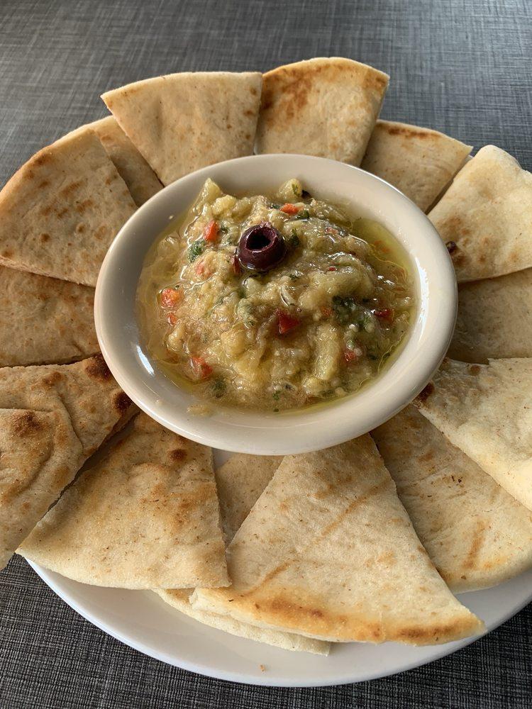Eggplant Dip (Baba Ghanoush) with Toasted Pita Slices.