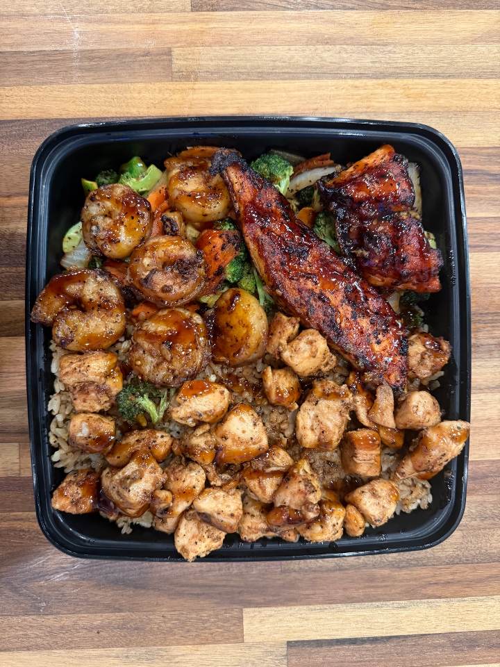 Chicken, Shrimp, Salmon Trio Bowl.