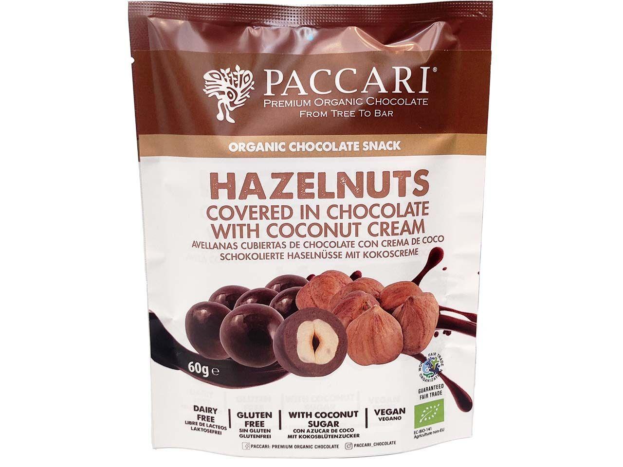Paccari Schokolierte Bio-Haselnüsse Mit Kokoscreme, 60 G.
