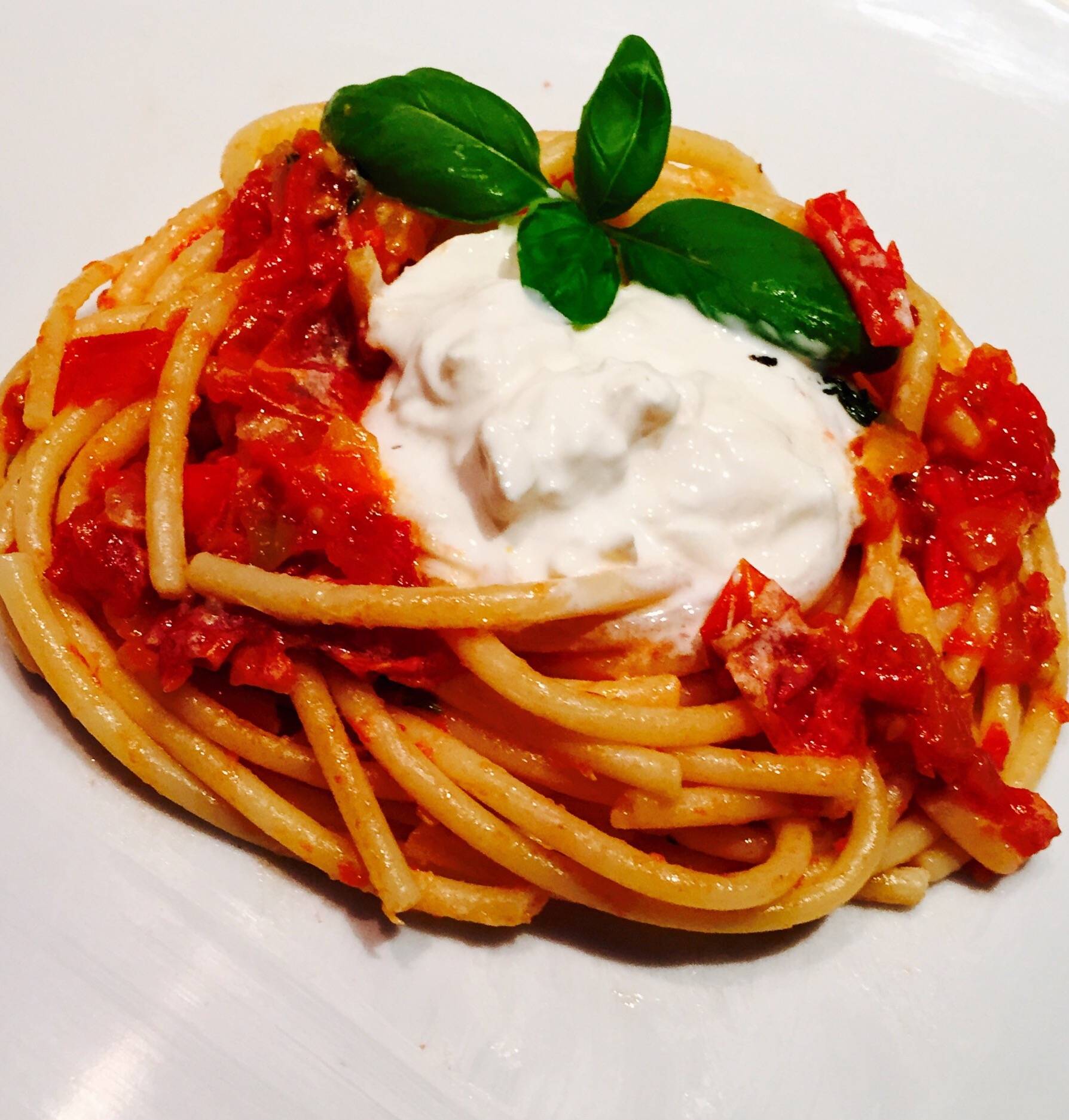 Spaghetti Tomato sauce and Burrata.