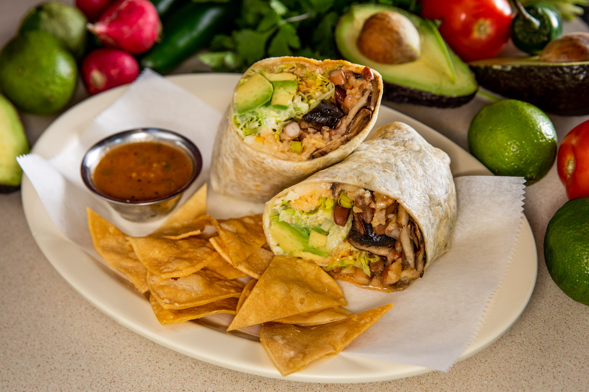 Mushrooms and Avocado Burrito.