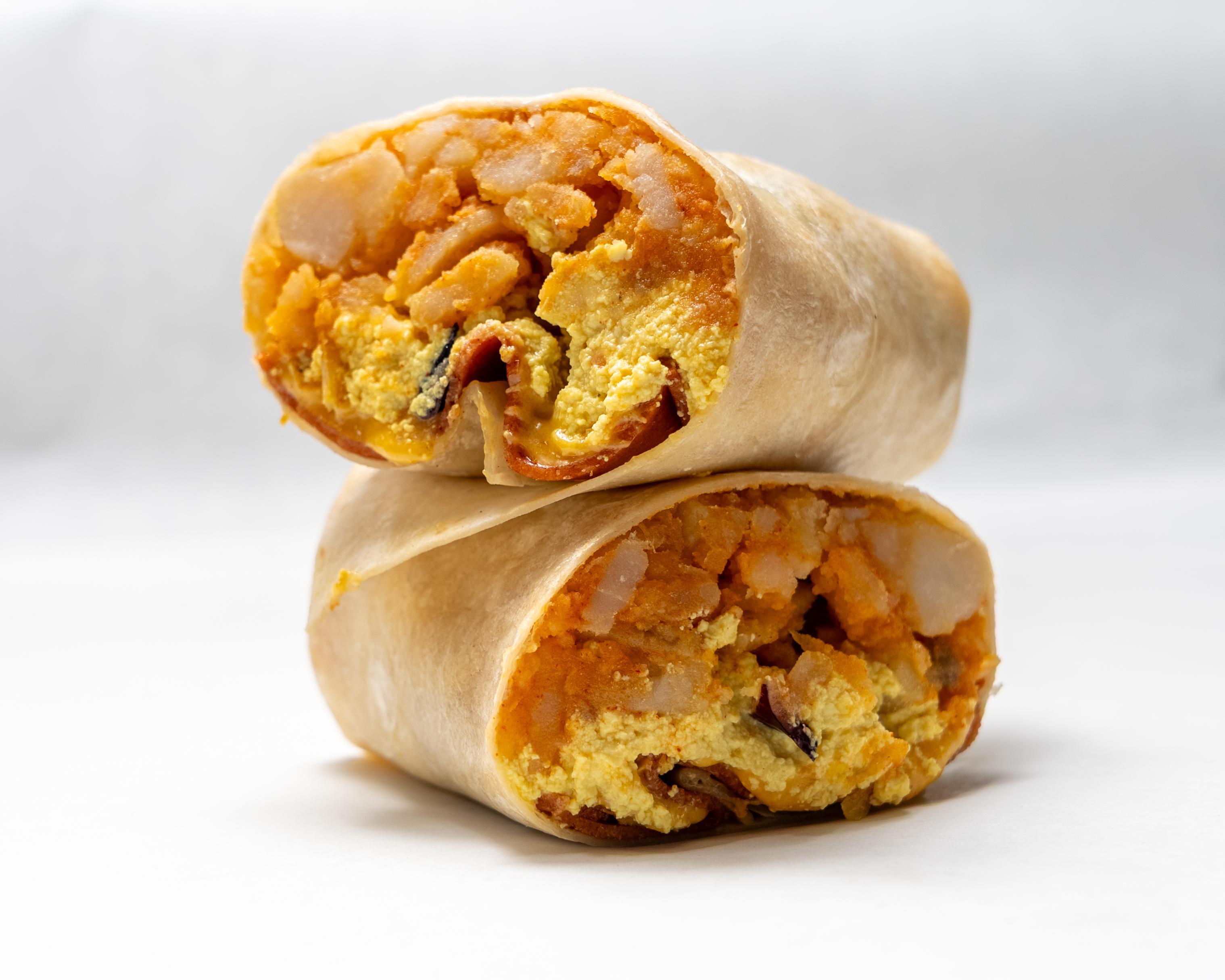 Bacon, Eggs, Home Fries & Cheese Inside a Wrap.