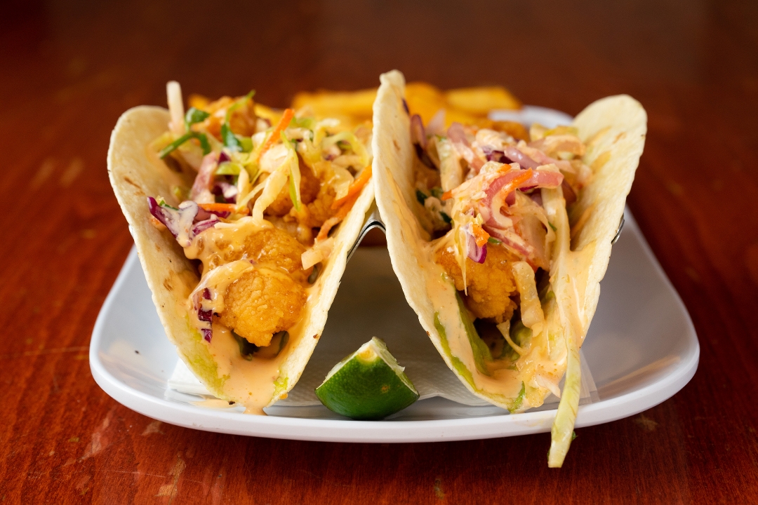 SHRIMP TACOS.