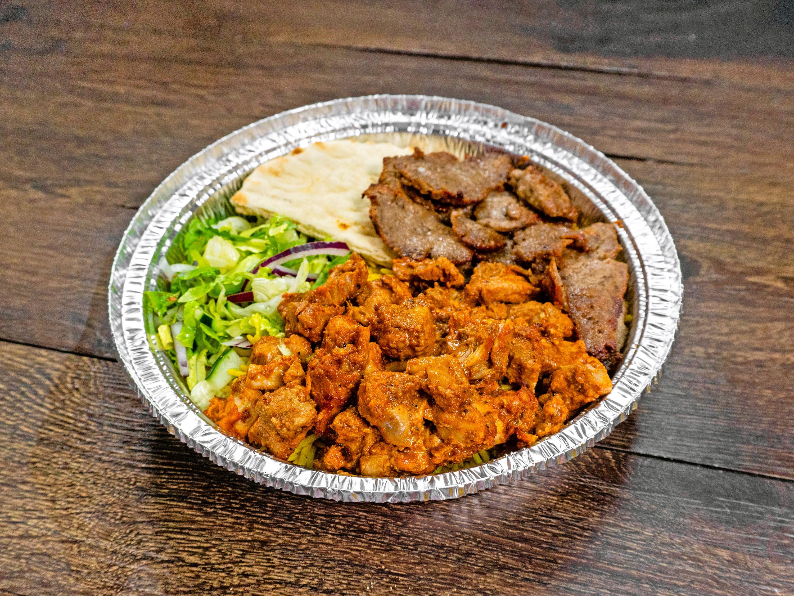 Combo Chicken + Beef Gyro Rice Platter.