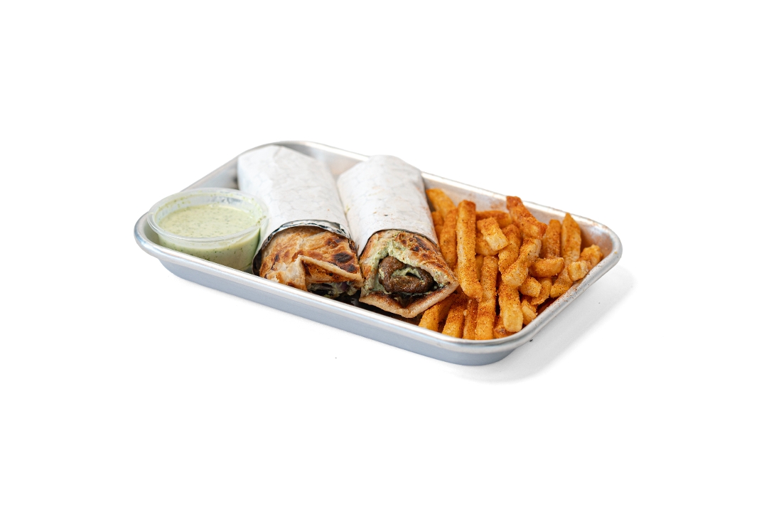 Cle Paratha Roll Beef Seekh Kabab with Seasoned Fries.
