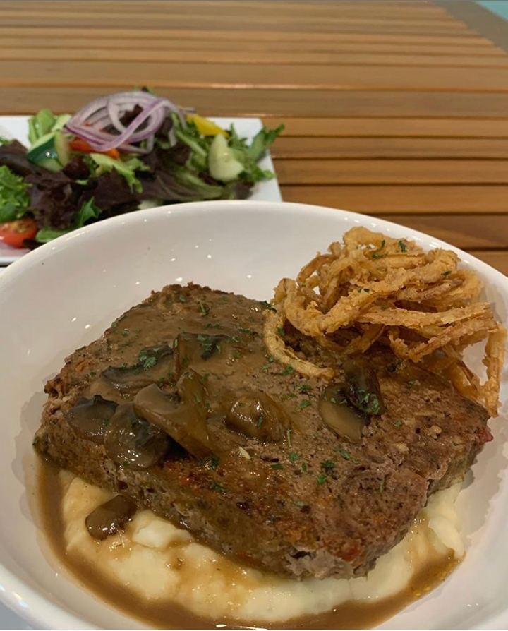 Homemade Meatloaf, Mashed Potatoes, Green Beans OR Salad.