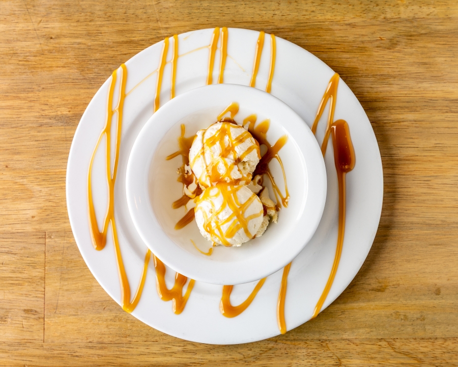 Vanilla Bean Ice Cream with Caramel Sauce.