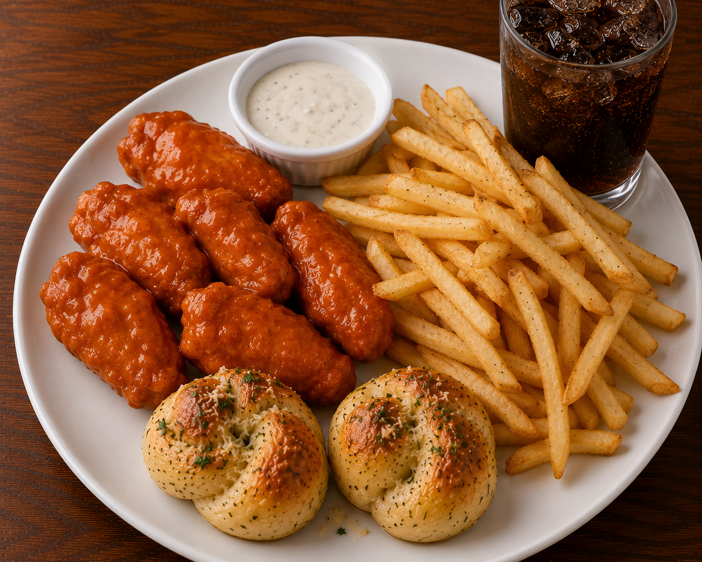 6pcs Boneless Wings, Fries, 2 Garlic Knots, & a Drink.