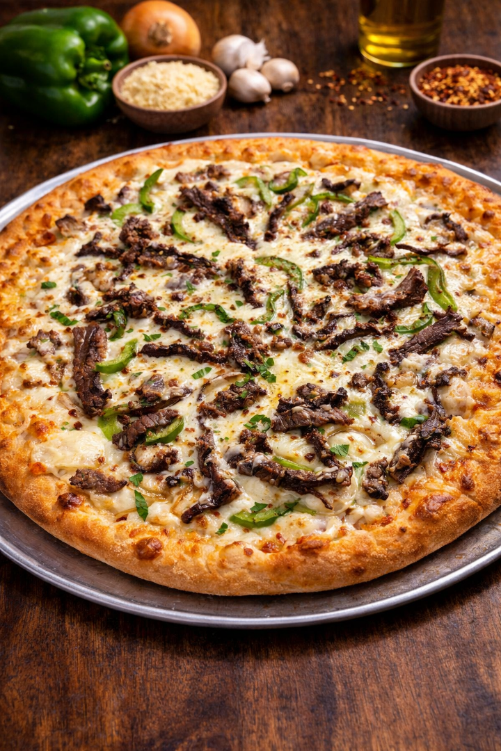 18" Philly cheese Steak Pie.