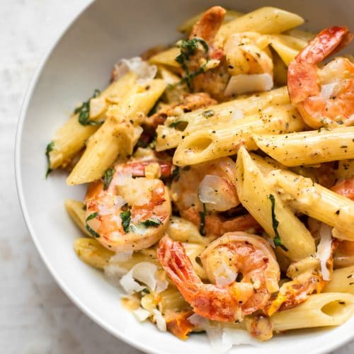 Baked Cajun Shrimp Alfredo Pasta.