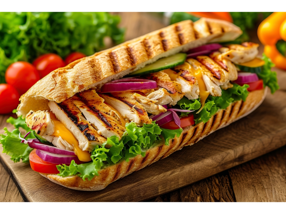 Grilled Chicken With Lettuce, Tomato, Onion, Oil and Vinegar Sandwich.
