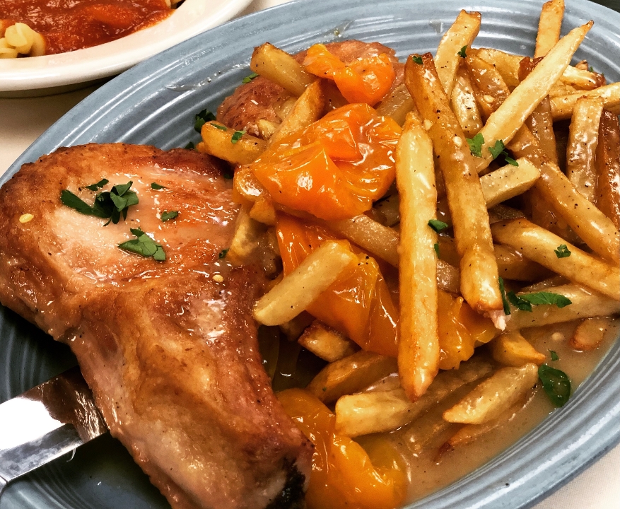 Pork Chop With Vinegar Peppers & Fries.