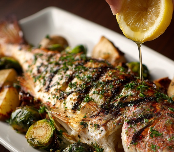 Whole Grilled Yellowtail Snapper.