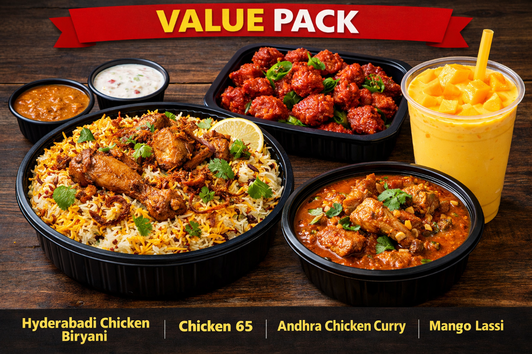 Veg Value Pack -Family Size Dindigal Veg Biriyani, Paneer 65, Kadai Veg Curry & Lassi.
