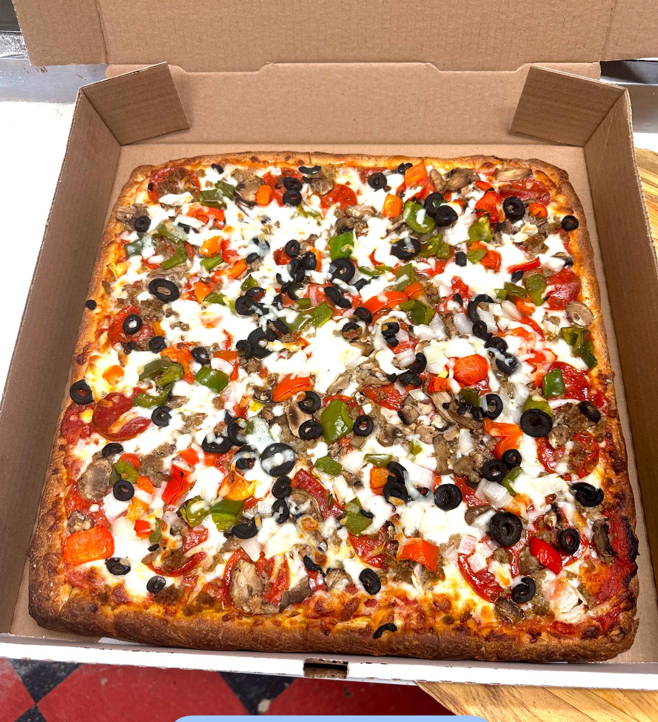 Sicilian 5 Topping Pizza.