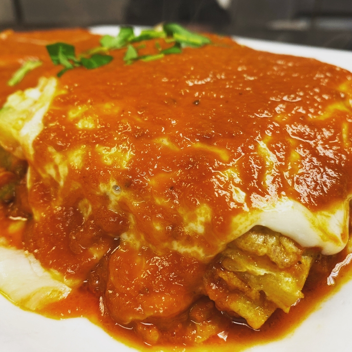 Eggplant  Parm over gemelli.