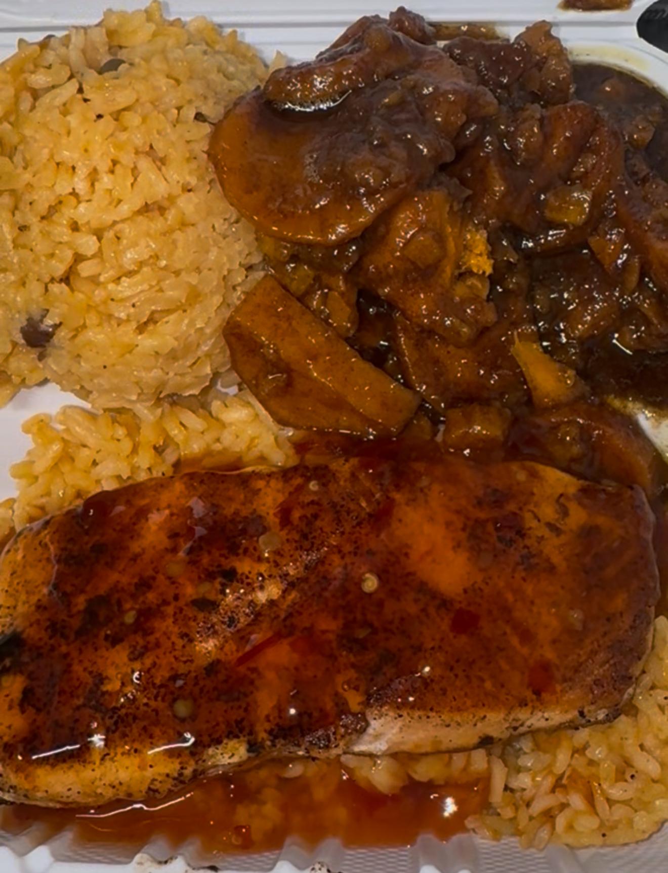 Salmon Over Rice w/ 2 Premium Sides.