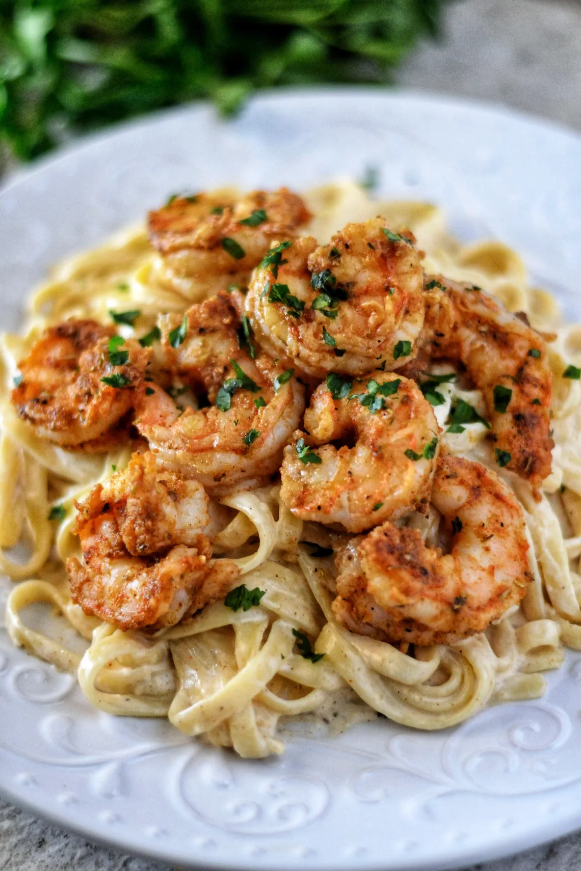 Baked Cajun Shrimp Alfredo.