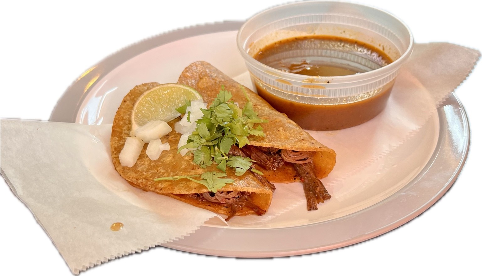 Birria Tacos On 2 Corn Tortillas, Consumme, Cilantro, Onions, Lime.
