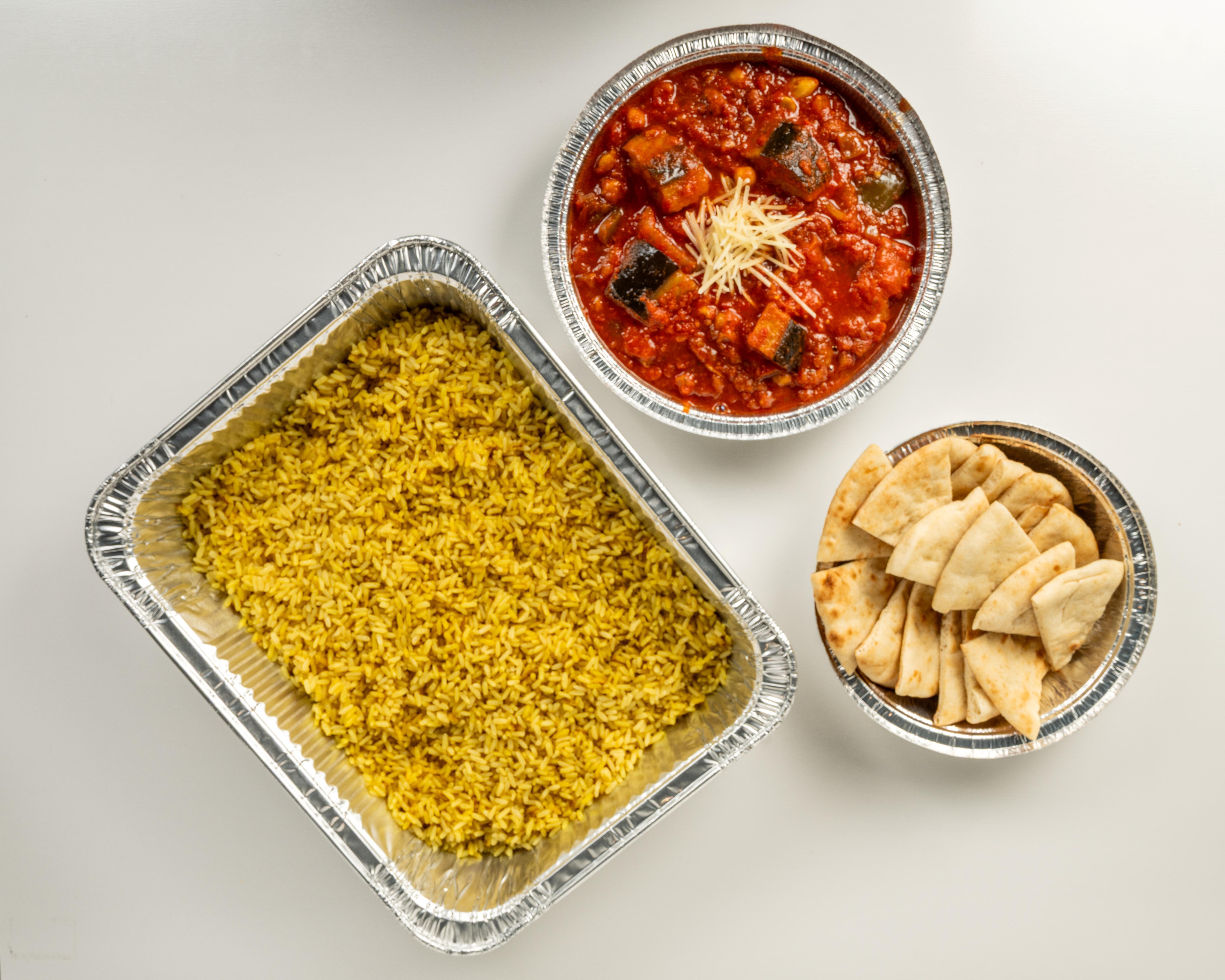 Lebanese Moussaka Over Rice Tray (Catering).
