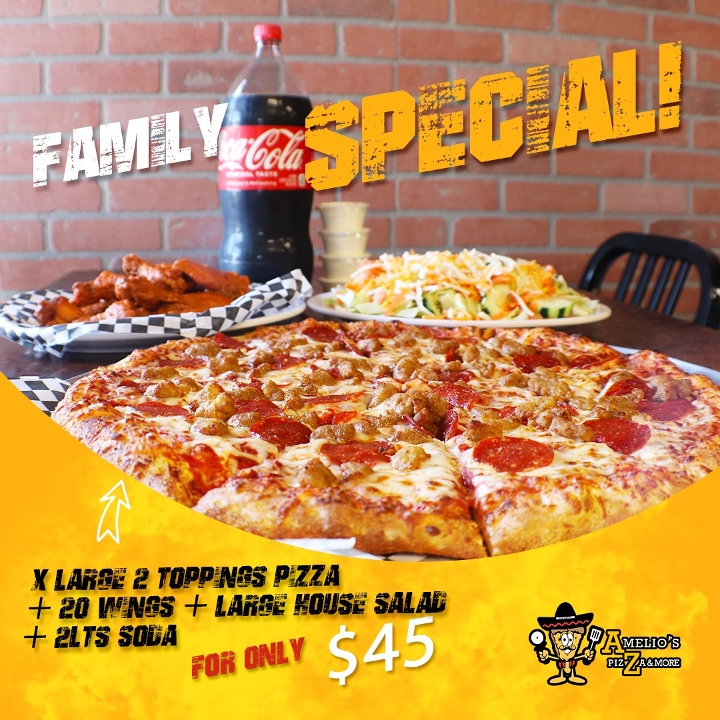 X-Large 2 Toppings Pizza, 20 Wings, Large House Salad & 2 Liter Soda.