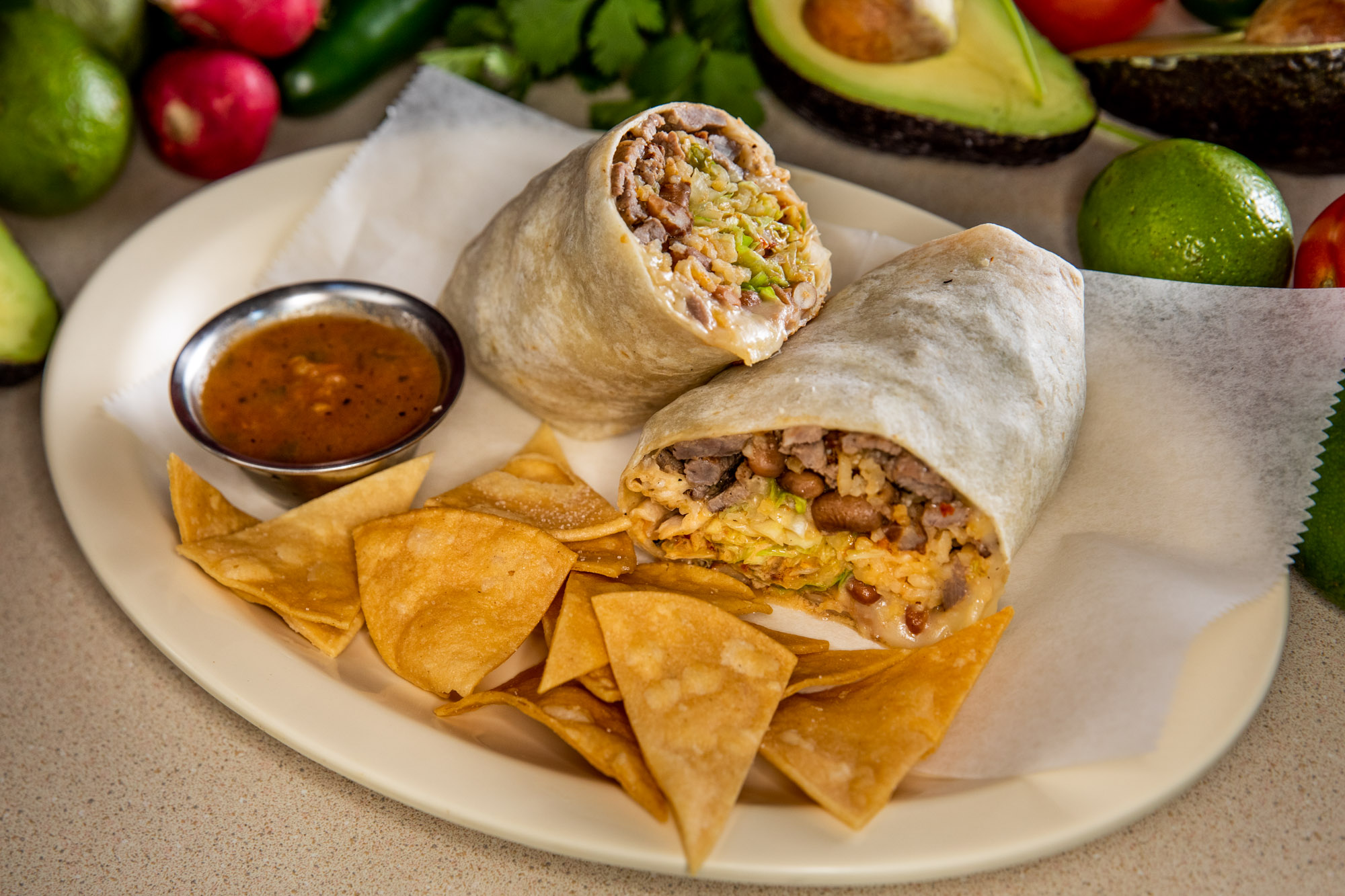 Steak and Chicken Burrito.