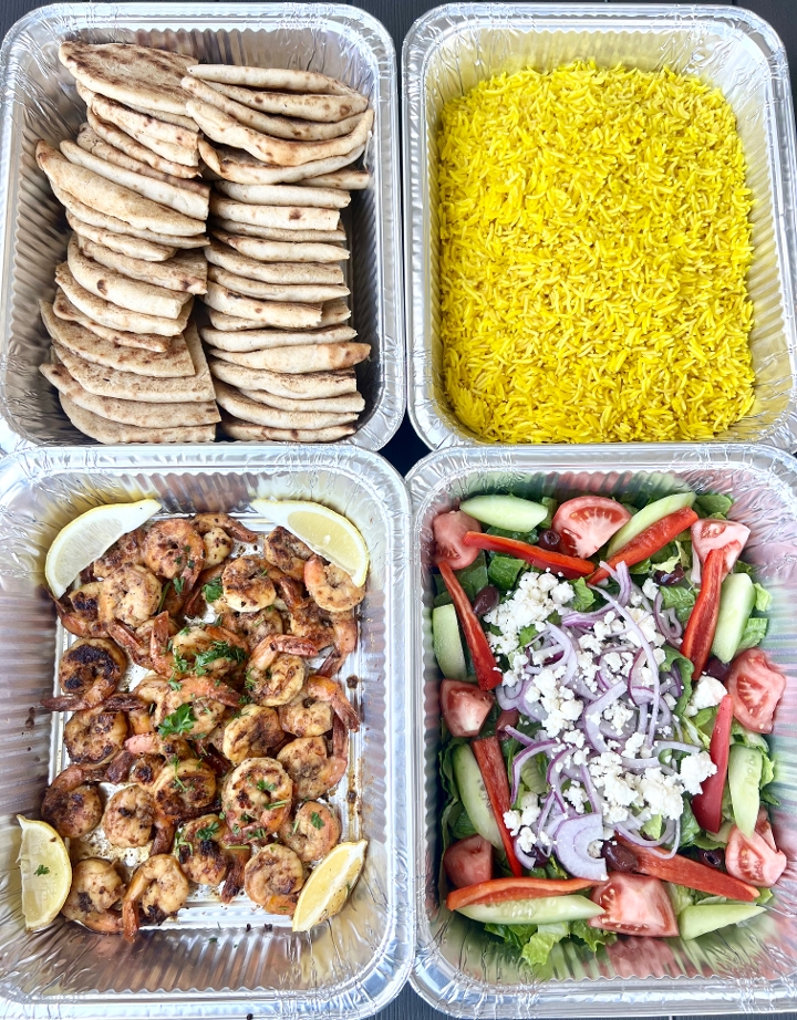 Family Grilled shrimp Souvlaki (kabob) party tray.