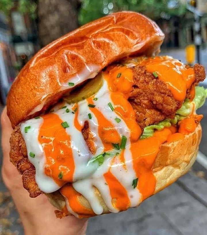 Buffalo Chicken Sandwich & Fries.