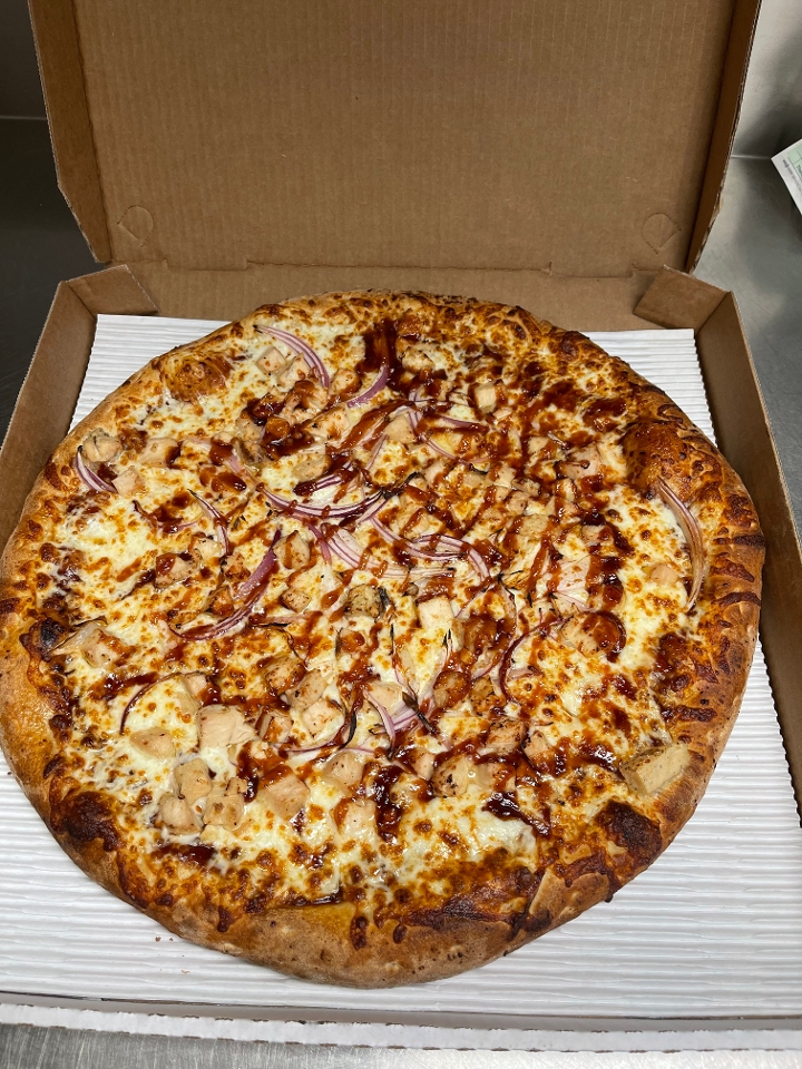 14in LARGE BBQ CHICKEN SPECIALTY PIZZA.