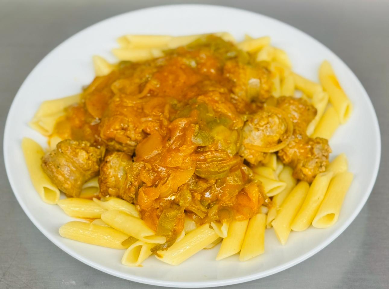 SAUSAGE & PEPPERS OVER ZITI.