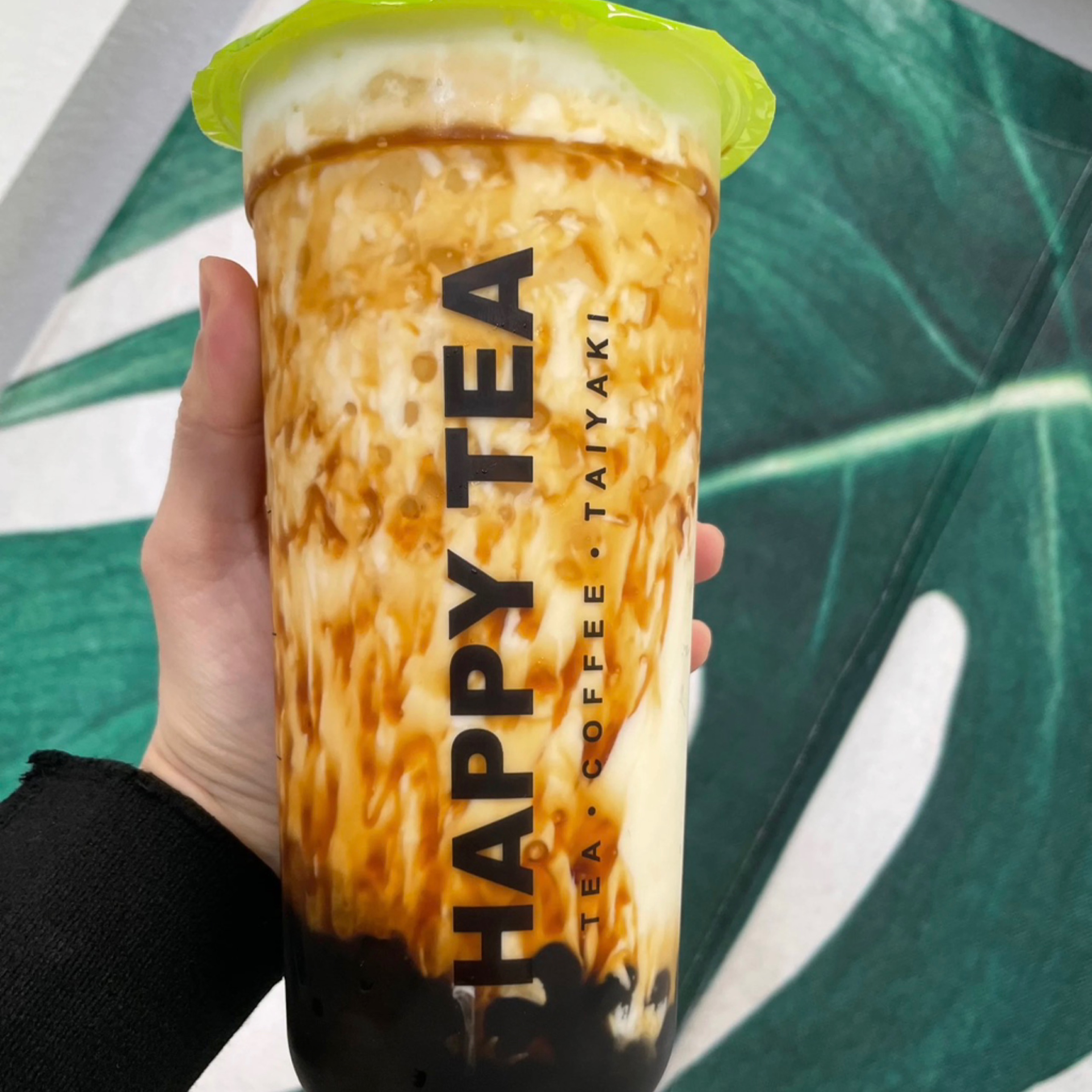Non-caffeinated milk, brown sugar, Boba and cream brûlée pudding ￼.