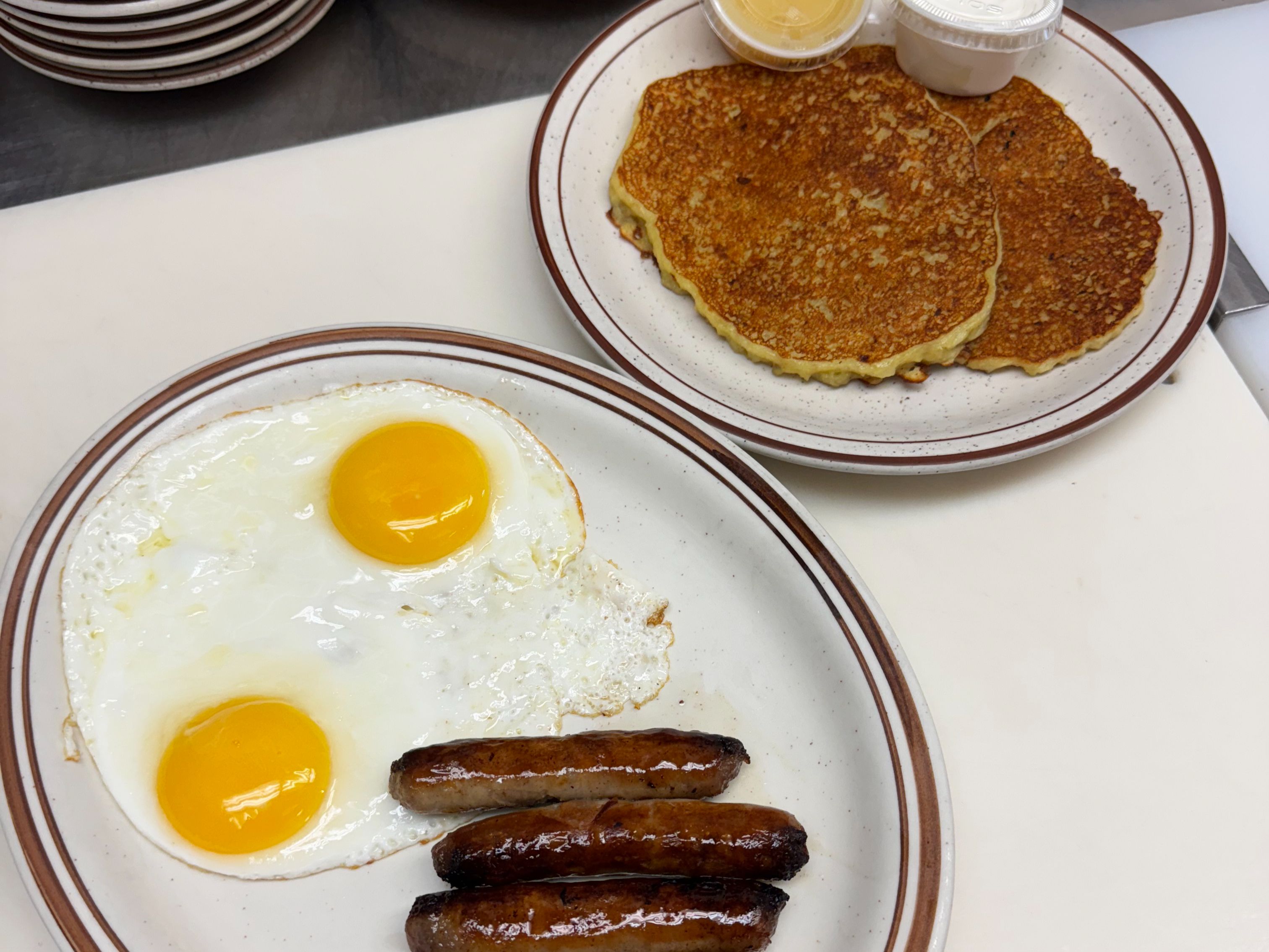 Potato Pancakes Half Order w/ Meat & Eggs.